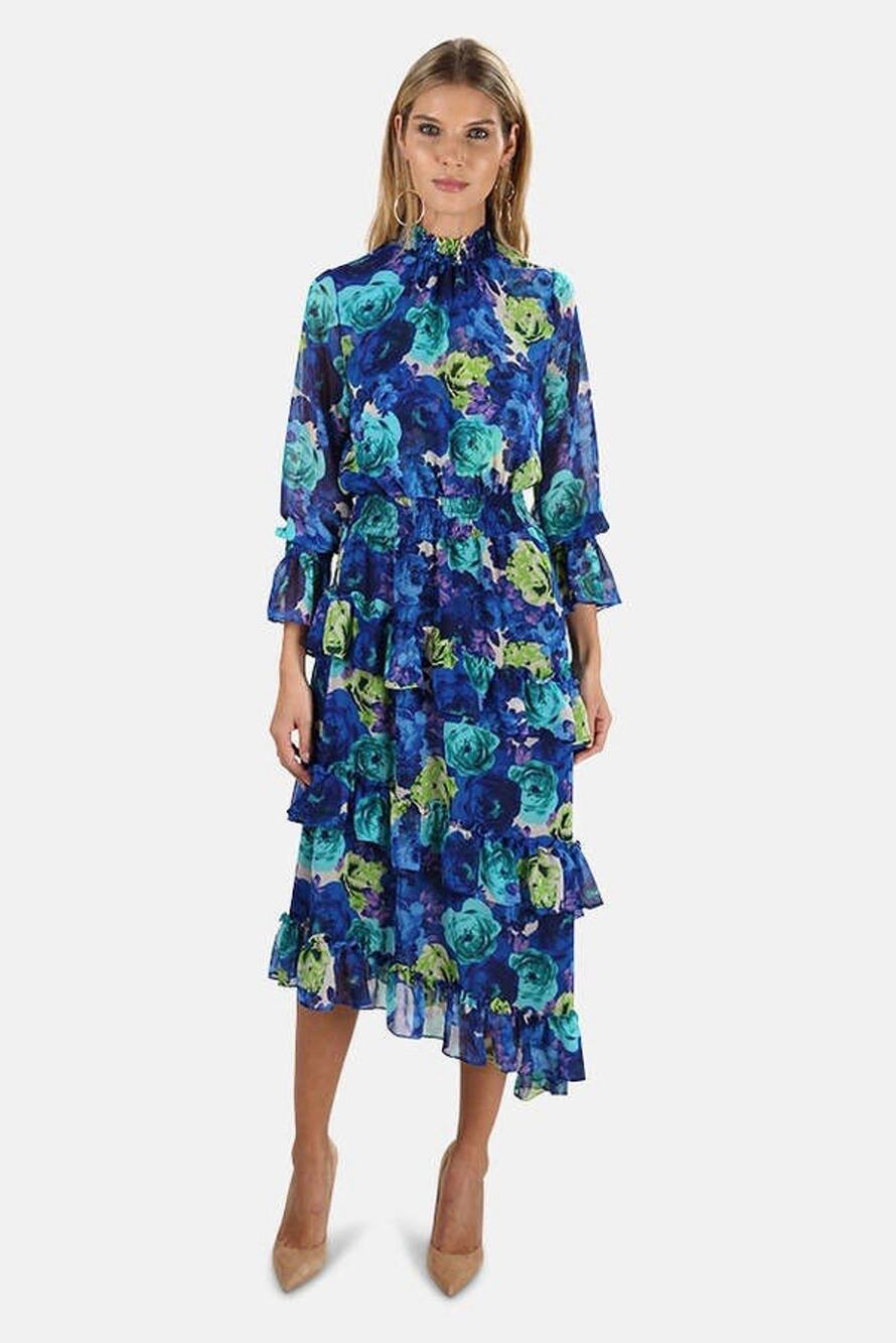 MISA Los Angeles Rania Chiffon Smock Neck Asymmetrical Midi Dress Blue Floral S